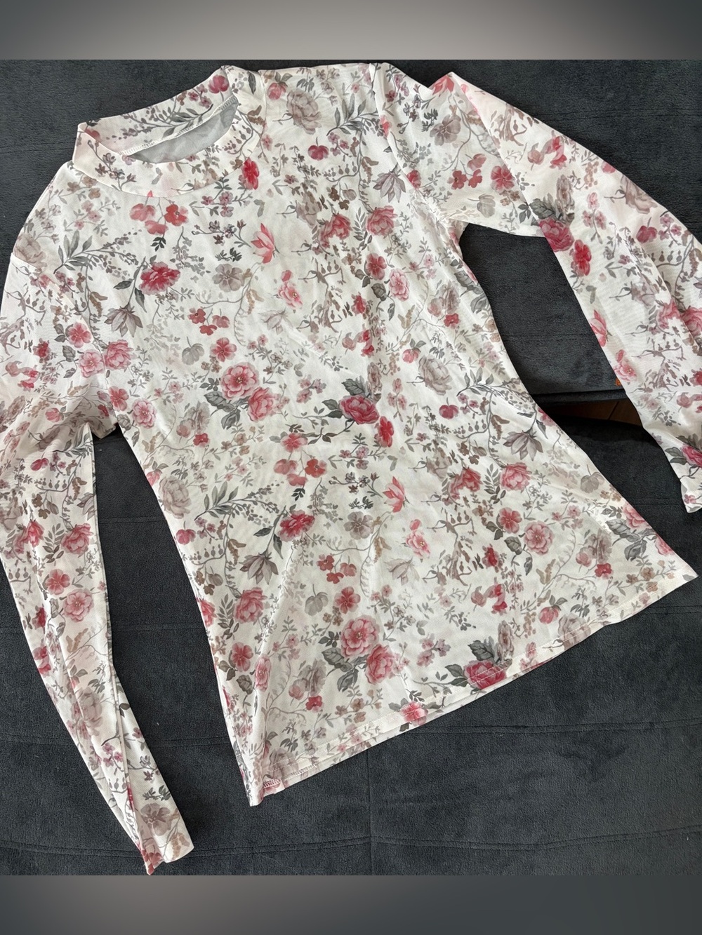 Fairy Floral Garden Sheer Mesh Long Sleeve Layering Tee Top Cream Wine Green L